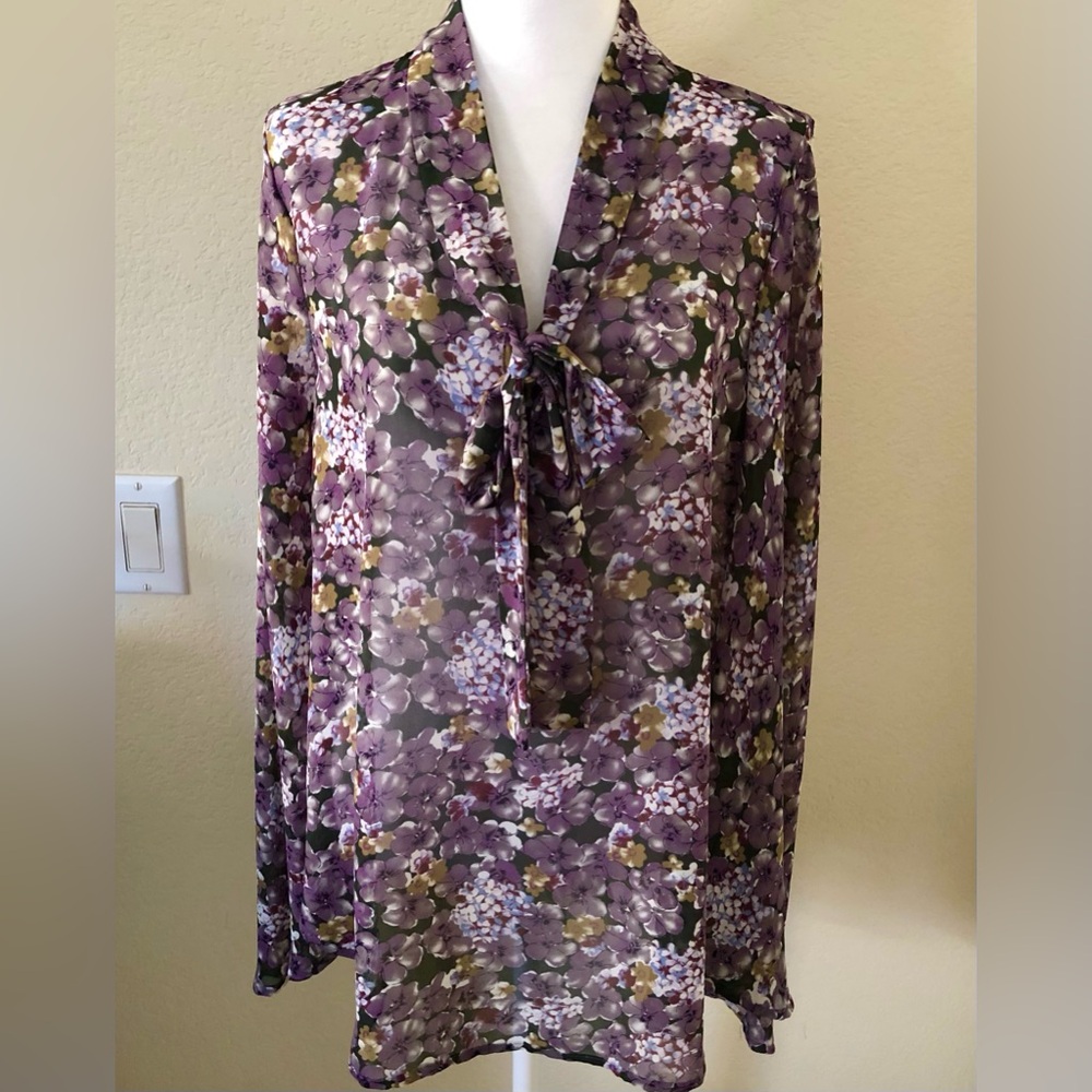 Bellatrix Purple Floral Tie-Neck Blouse Semi Sheer